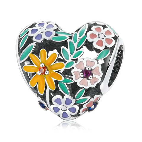 Flower Heart Enamel Sterling Silver Zircon CZ Bead Charm Bracelet Necklace
