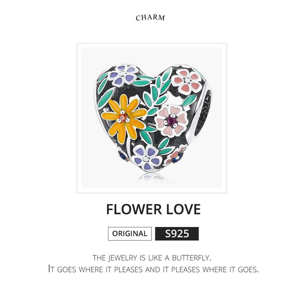 Flower Heart Enamel Sterling Silver Zircon CZ Bead Charm Bracelet Necklace