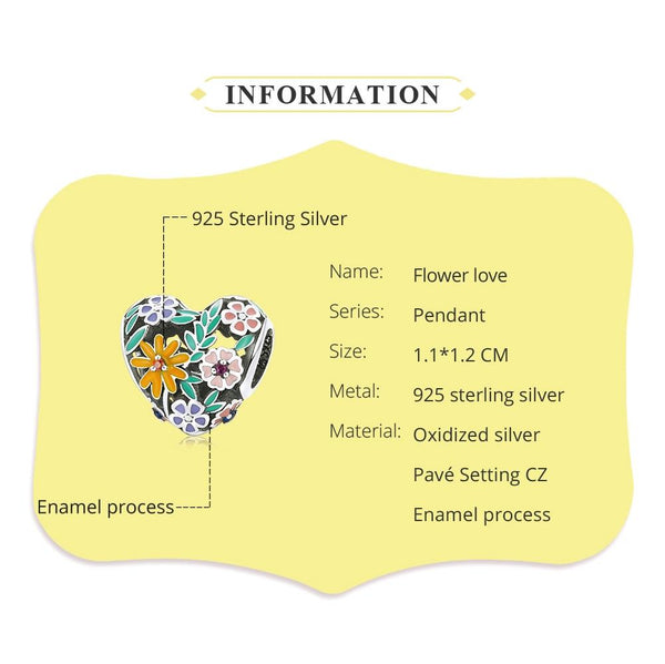 Flower Heart Enamel Sterling Silver Zircon CZ Bead Charm Bracelet Necklace