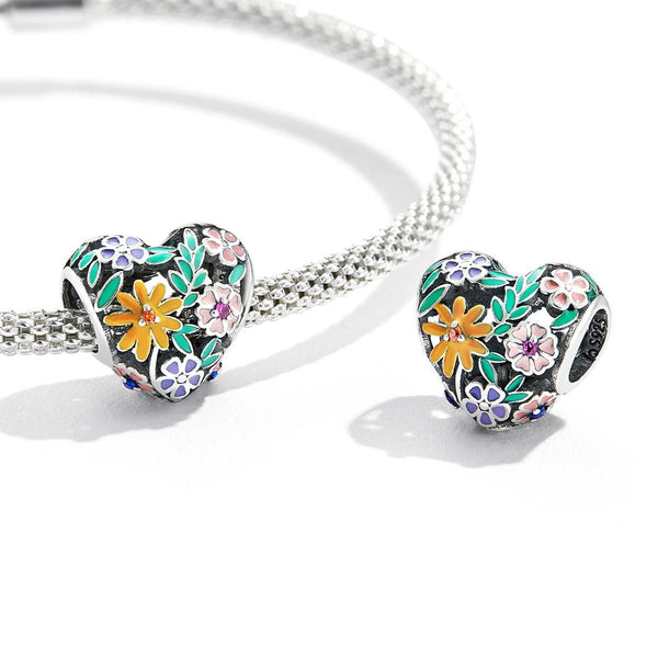 Flower Heart Enamel Sterling Silver Zircon CZ Bead Charm Bracelet Necklace