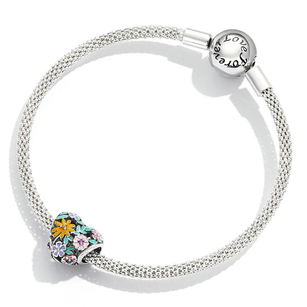 Flower Heart Enamel Sterling Silver Zircon CZ Bead Charm Bracelet Necklace