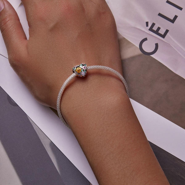Flower Heart Enamel Sterling Silver Zircon CZ Bead Charm Bracelet Necklace
