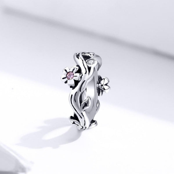Cherry Blossom Sterling Silver Zircon CZ Bead Charm Bracelet Necklace