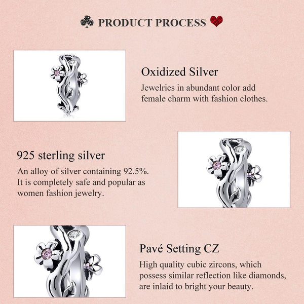 Cherry Blossom Sterling Silver Zircon CZ Bead Charm Bracelet Necklace