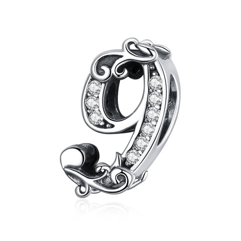 9 Number Numeral Sterling Silver Crystal Zircon CZ Bead Charm Bracelet Necklace