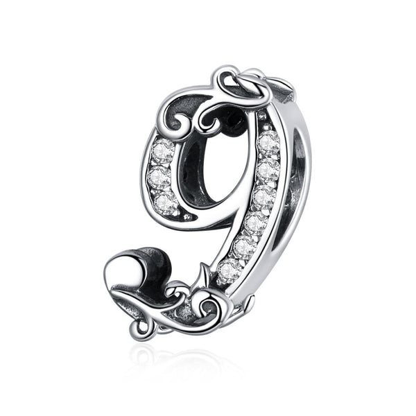 9 Number Numeral Sterling Silver Crystal Zircon CZ Bead Charm Bracelet Necklace