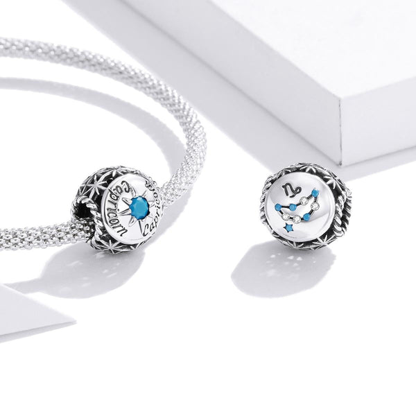 Capricorn Zodiac Sterling Silver Zircon CZ Bead Charm Bracelet Necklace