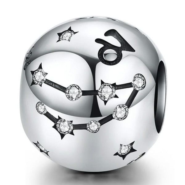 Capricorn Zodiac Constellation Sterling Silver Zircon CZ Bead Charm Bracelet Necklace