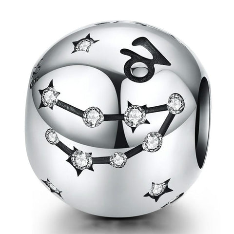Capricorn Zodiac Constellation Sterling Silver Zircon CZ Bead Charm Bracelet Necklace