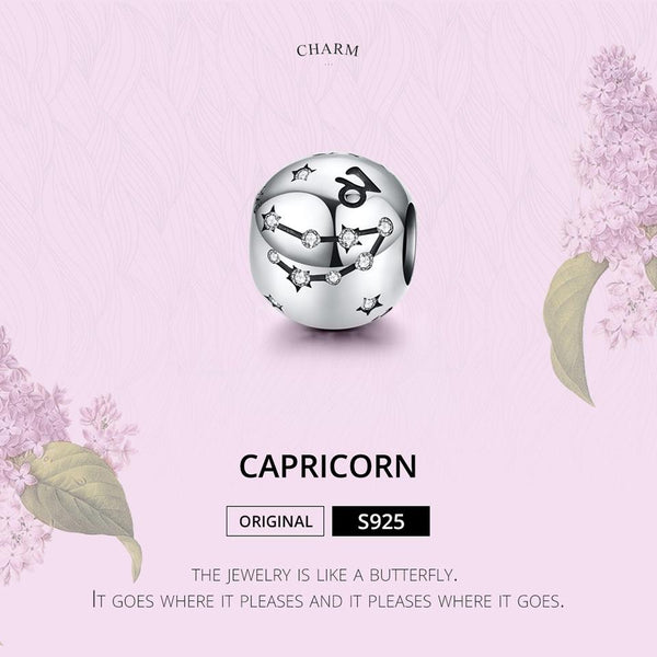 Capricorn Zodiac Constellation Sterling Silver Zircon CZ Bead Charm Bracelet Necklace