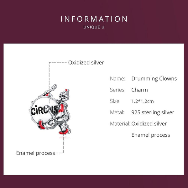 Circus Clown Enamel Sterling Silver Bead Charm Pendant Bracelet Necklace
