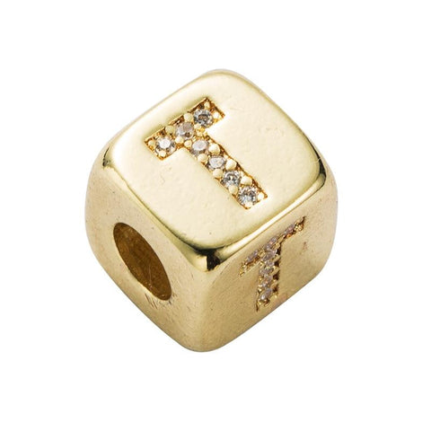 Gold Colour Letter Initial Copper Zircon CZ Bead Charm Bracelet Necklace T