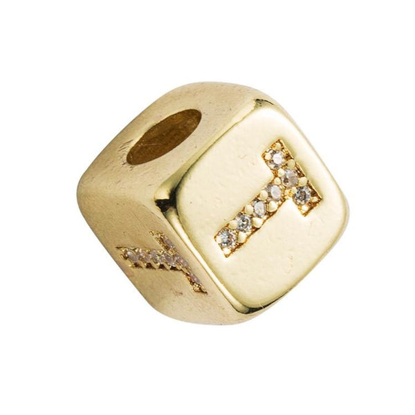 Gold Colour Letter Initial Copper Zircon CZ Bead Charm Bracelet Necklace T