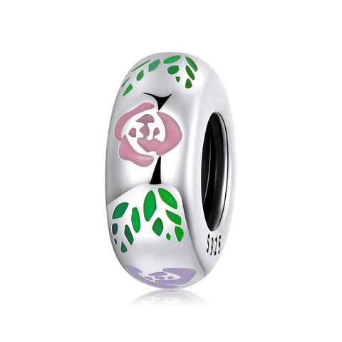 Rose Flower Enamel Sterling Silver Spacer Bead Charm Bracelet Necklace