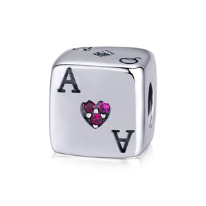 Playing Card Dice Sterling Silver Zircon CZ Bead Charm Bracelet Necklace