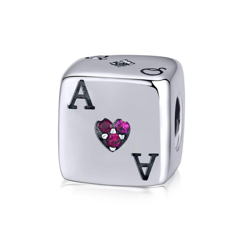 Playing Card Dice Sterling Silver Zircon CZ Bead Charm Bracelet Necklace