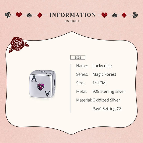 Playing Card Dice Sterling Silver Zircon CZ Bead Charm Bracelet Necklace