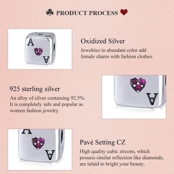 Playing Card Dice Sterling Silver Zircon CZ Bead Charm Bracelet Necklace