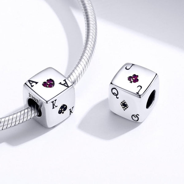 Playing Card Dice Sterling Silver Zircon CZ Bead Charm Bracelet Necklace