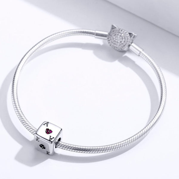 Playing Card Dice Sterling Silver Zircon CZ Bead Charm Bracelet Necklace