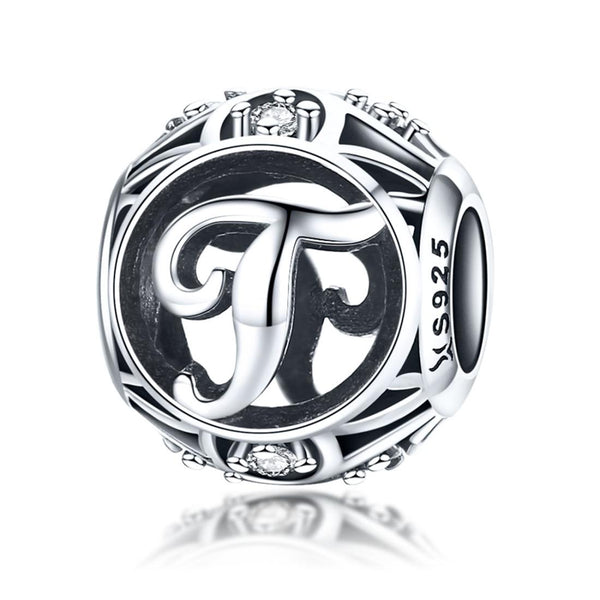 T Initial Letter Sterling Silver Zircon CZ Bead Charm Bracelet Necklace