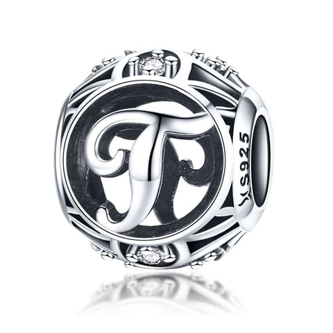 T Initial Letter Sterling Silver Zircon CZ Bead Charm Bracelet Necklace