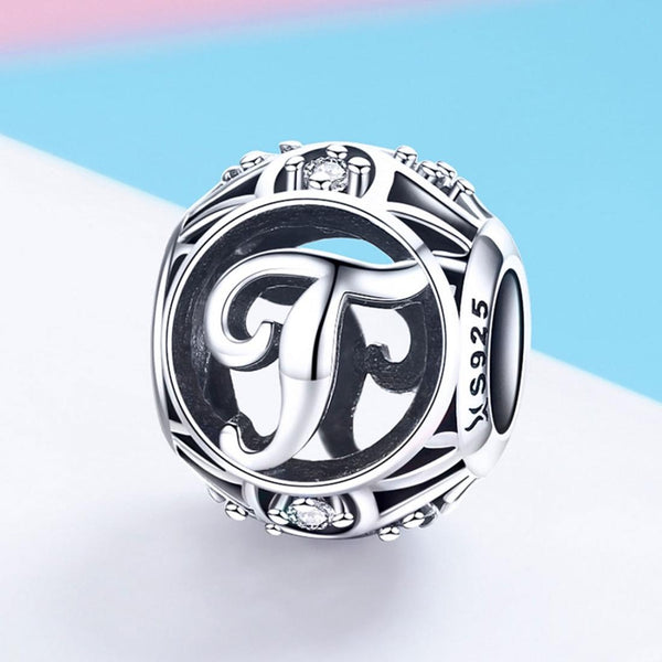 T Initial Letter Sterling Silver Zircon CZ Bead Charm Bracelet Necklace