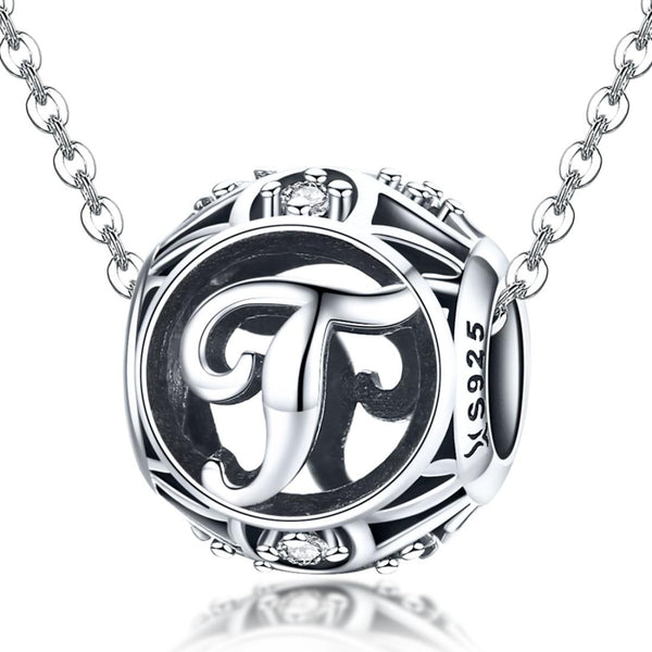 T Initial Letter Sterling Silver Zircon CZ Bead Charm Bracelet Necklace