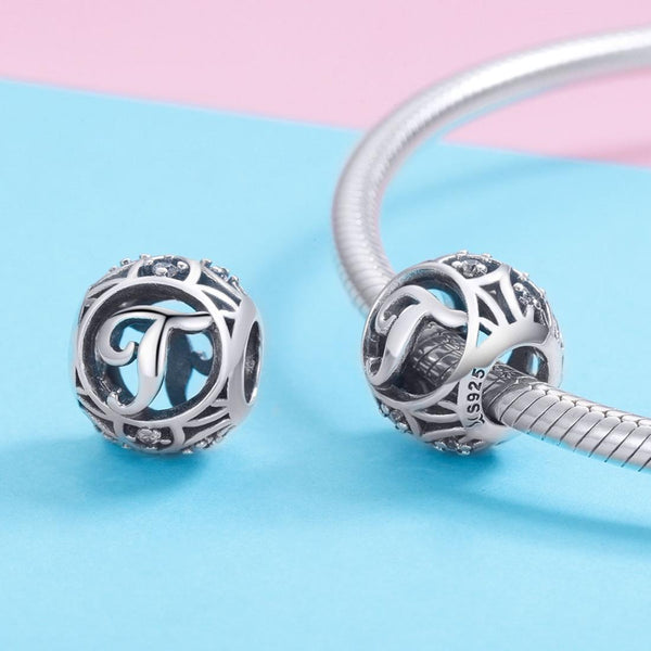 T Initial Letter Sterling Silver Zircon CZ Bead Charm Bracelet Necklace