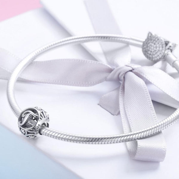 T Initial Letter Sterling Silver Zircon CZ Bead Charm Bracelet Necklace
