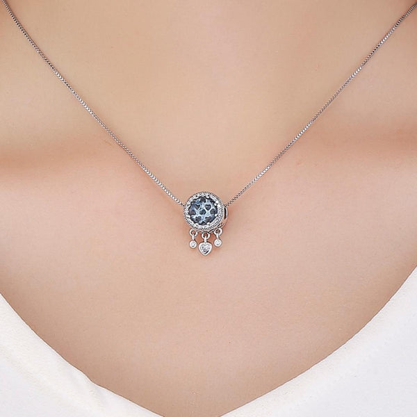 Blue Hearts Sterling Silver Zircon CZ Bead Charm Bracelet Necklace