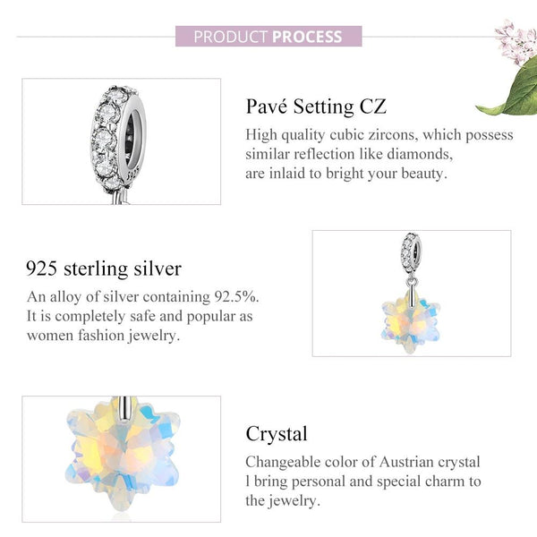 Sparkling Iridescent Snowflake Sterling Silver CZ Bead Charm Bracelet Necklace