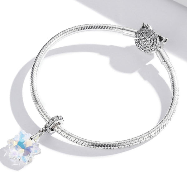 Sparkling Iridescent Snowflake Sterling Silver CZ Bead Charm Bracelet Necklace