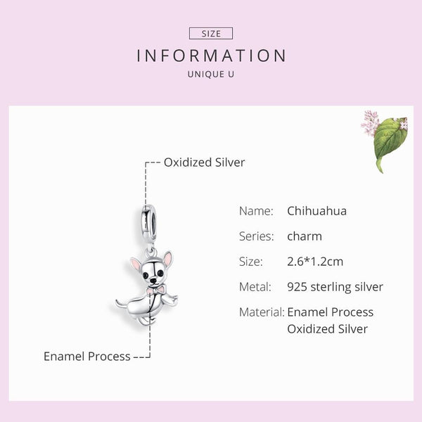 Chihuahua Enamel Sterling Silver Bead Charm Pendant Bracelet Necklace