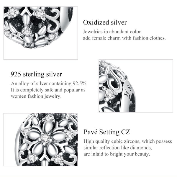 Snowflakes Sterling Silver CZ Spacer Bead Charm Pendant Bracelet Necklace