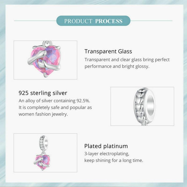 Crystal Heart Hands Sterling Silver Glass Bead Charm Bracelet Necklace