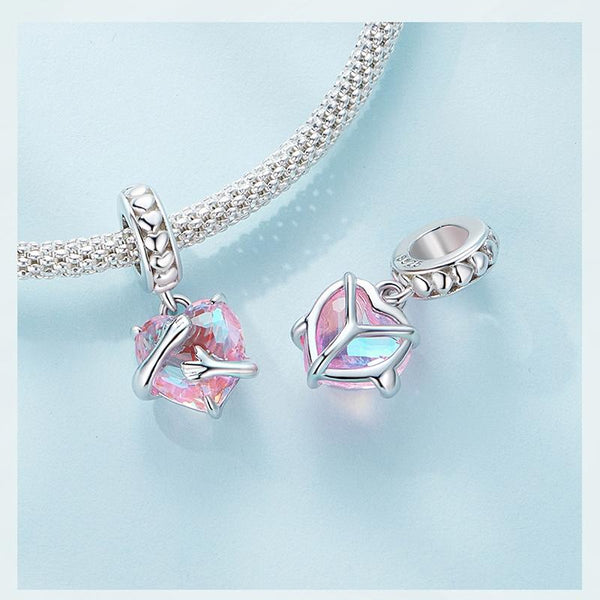 Crystal Heart Hands Sterling Silver Glass Bead Charm Bracelet Necklace
