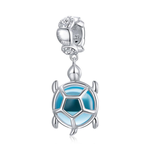Blue Turtle Platinum Plated Sterling Silver Glass Bead Charm Bracelet Necklace