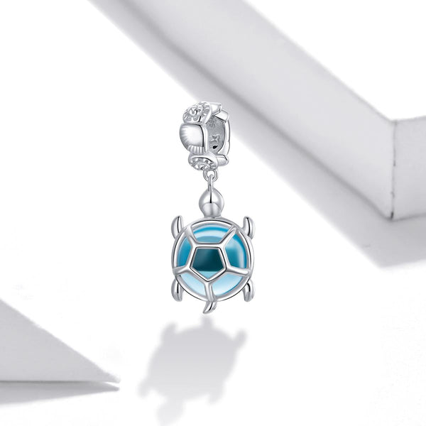 Blue Turtle Platinum Plated Sterling Silver Glass Bead Charm Bracelet Necklace
