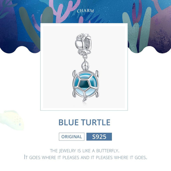 Blue Turtle Platinum Plated Sterling Silver Glass Bead Charm Bracelet Necklace