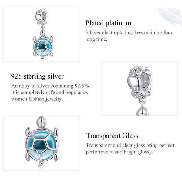 Blue Turtle Platinum Plated Sterling Silver Glass Bead Charm Bracelet Necklace