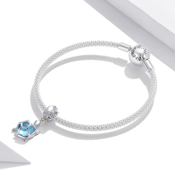 Blue Turtle Platinum Plated Sterling Silver Glass Bead Charm Bracelet Necklace