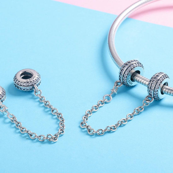 Pave Crystal Sterling Silver Zircon CZ Safety Chain for Bracelet