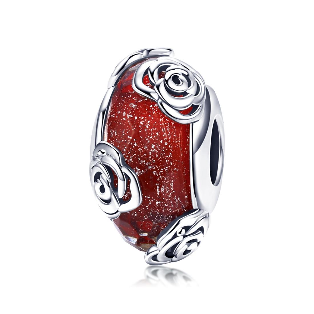 Red Glass Rose Flowers Sterling Silver Spacer Bead Charm Pendant Bracelet Necklace
