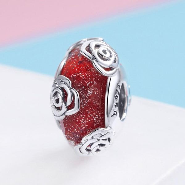 Red Glass Rose Flowers Sterling Silver Spacer Bead Charm Pendant Bracelet Necklace