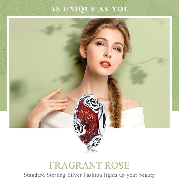 Red Glass Rose Flowers Sterling Silver Spacer Bead Charm Pendant Bracelet Necklace