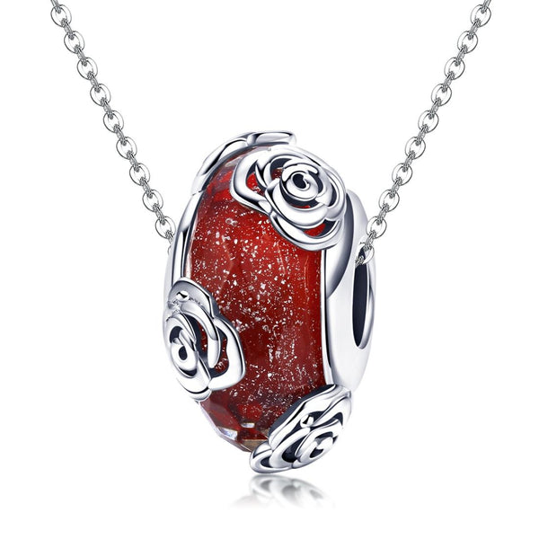 Red Glass Rose Flowers Sterling Silver Spacer Bead Charm Pendant Bracelet Necklace