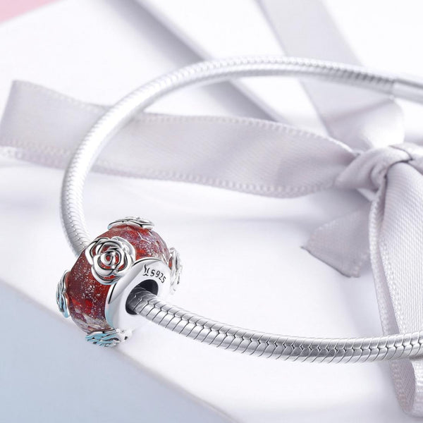 Red Glass Rose Flowers Sterling Silver Spacer Bead Charm Pendant Bracelet Necklace