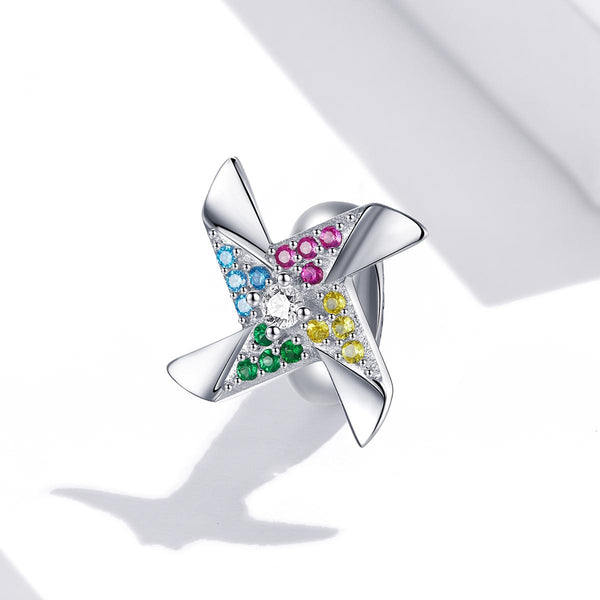 Windmill Pinwheel Platinum Plated Sterling Silver CZ Bead Charm Bracelet Necklace