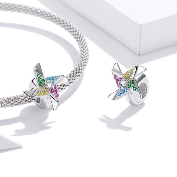 Windmill Pinwheel Platinum Plated Sterling Silver CZ Bead Charm Bracelet Necklace